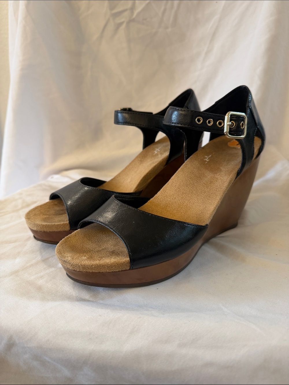 Dr. Scholl's Black Leather Ankle-Strap Platform Wedges